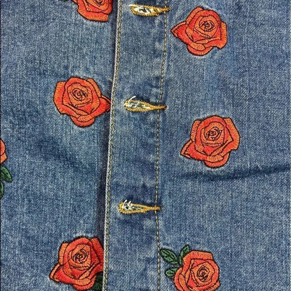 Denim Distressed Rose Embroidered Button Down Skirt - Picture 10 of 15